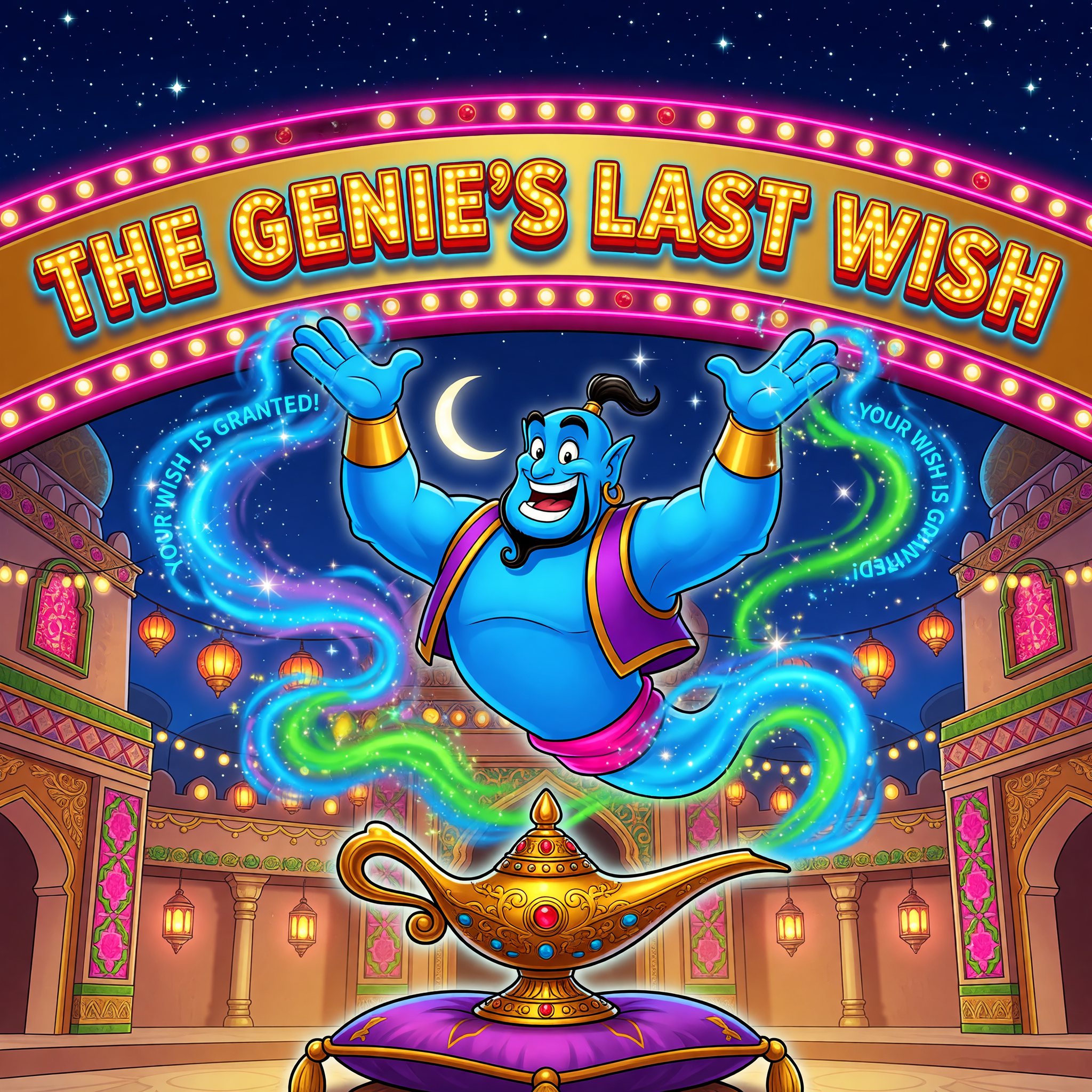 A jovial genie bursting from an ornate brass lamp in a starlit Arabian palace courtyard, The Genie's Last Wish game art.