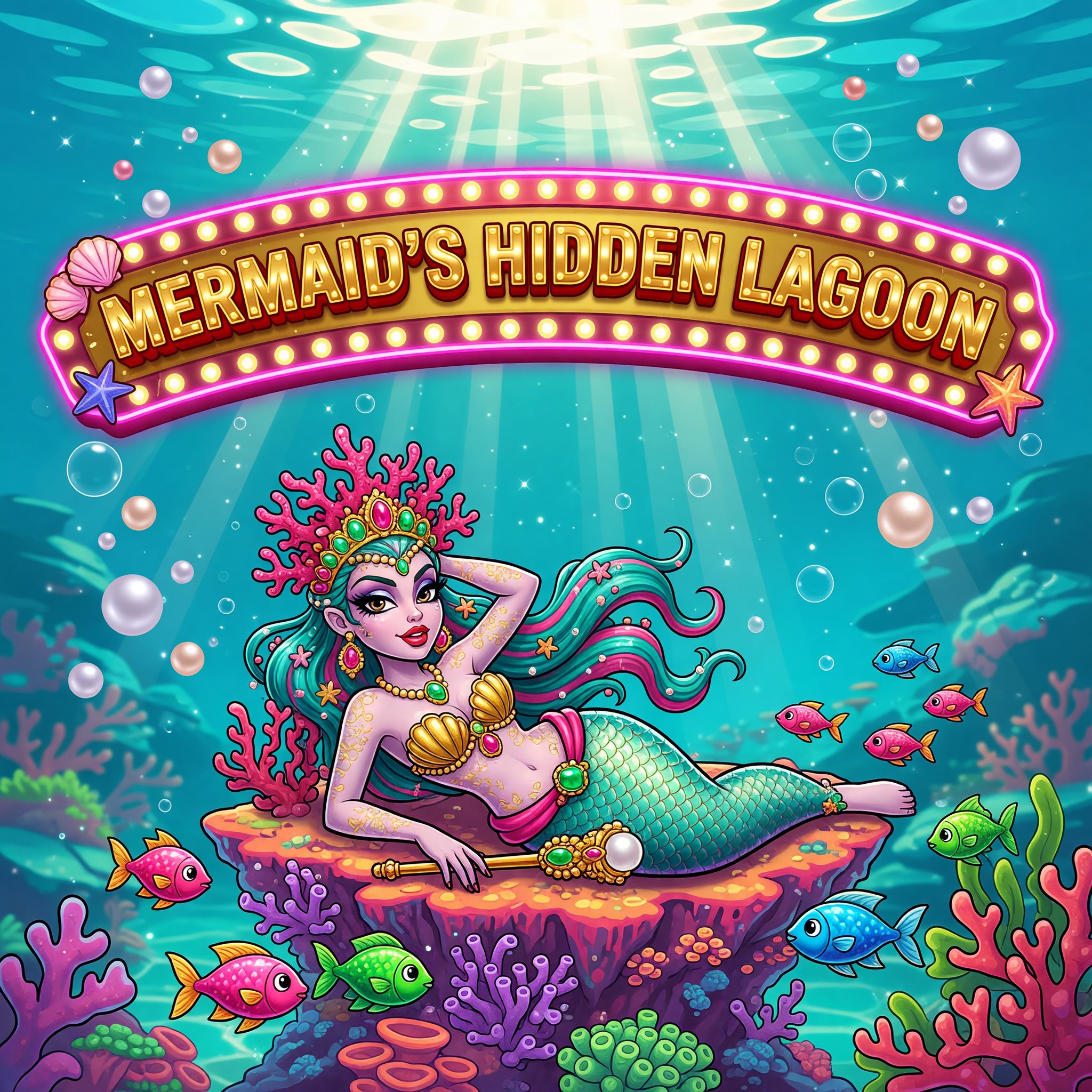 A jeweled mermaid queen reclining on a sunlit coral reef ledge in a turquoise lagoon, Mermaid's Hidden Lagoon game art.