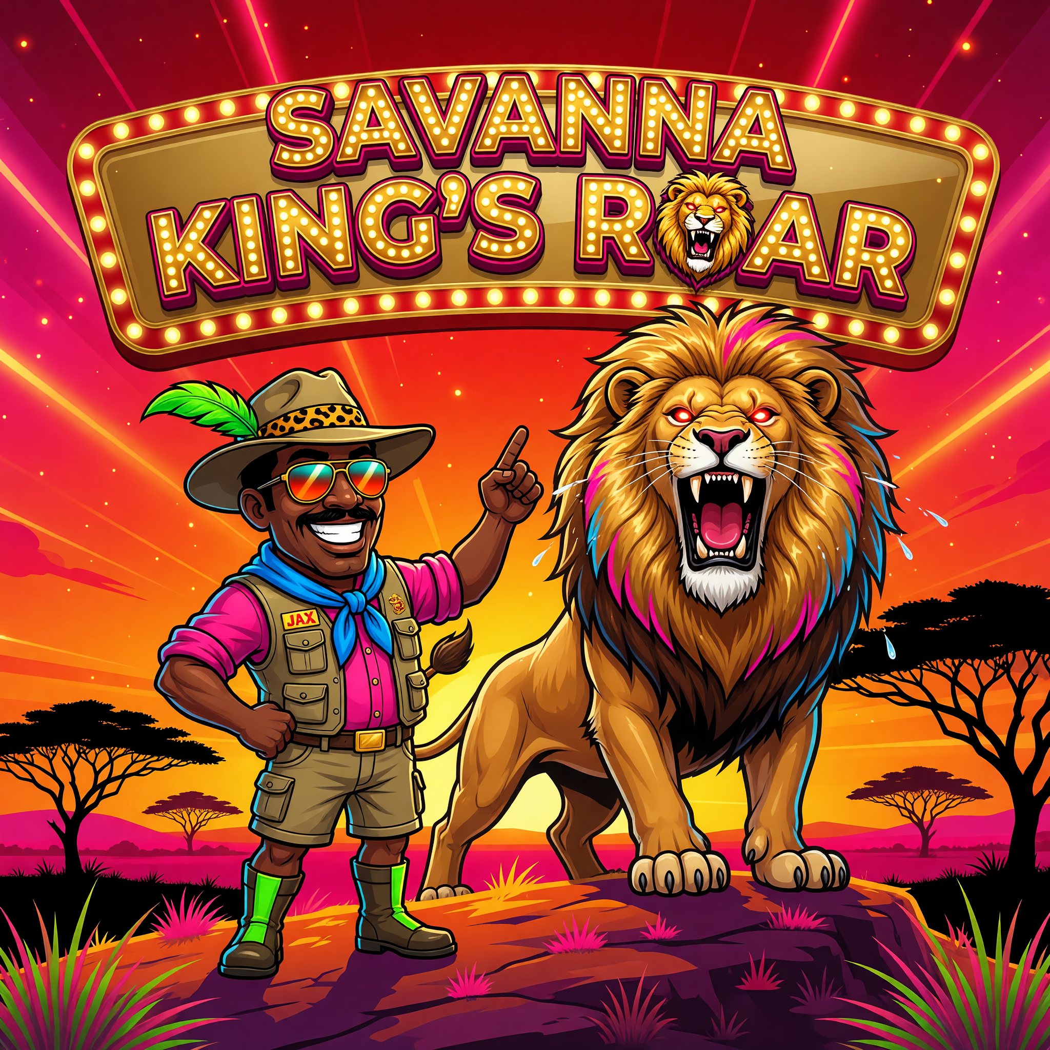 A safari guide standing beside a roaring golden-maned lion on a sunset savanna ridge, Savanna King's Roar game art.