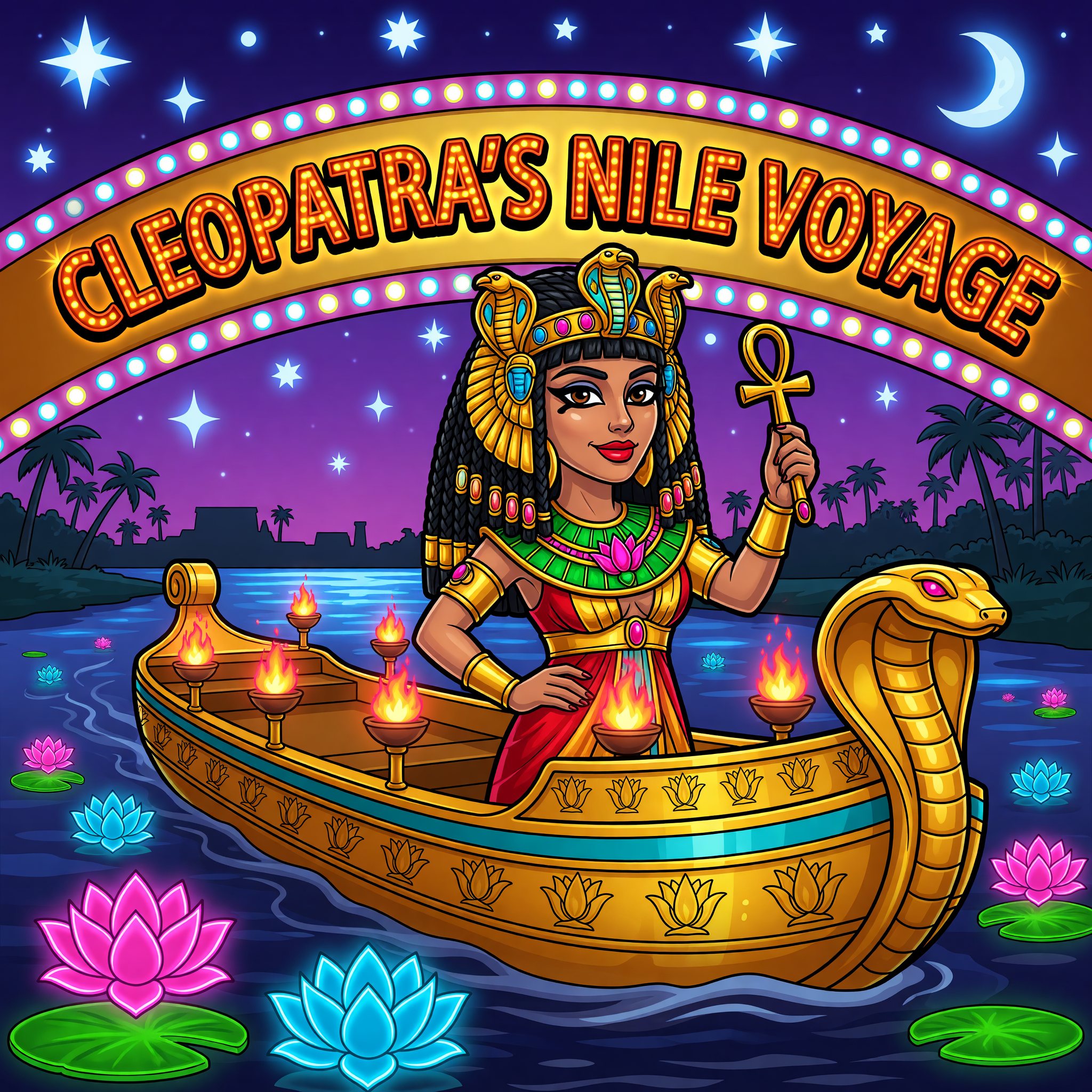 Queen Cleopatra standing aboard a golden barge drifting down the Nile under starlight, Cleopatra's Nile Voyage game art.