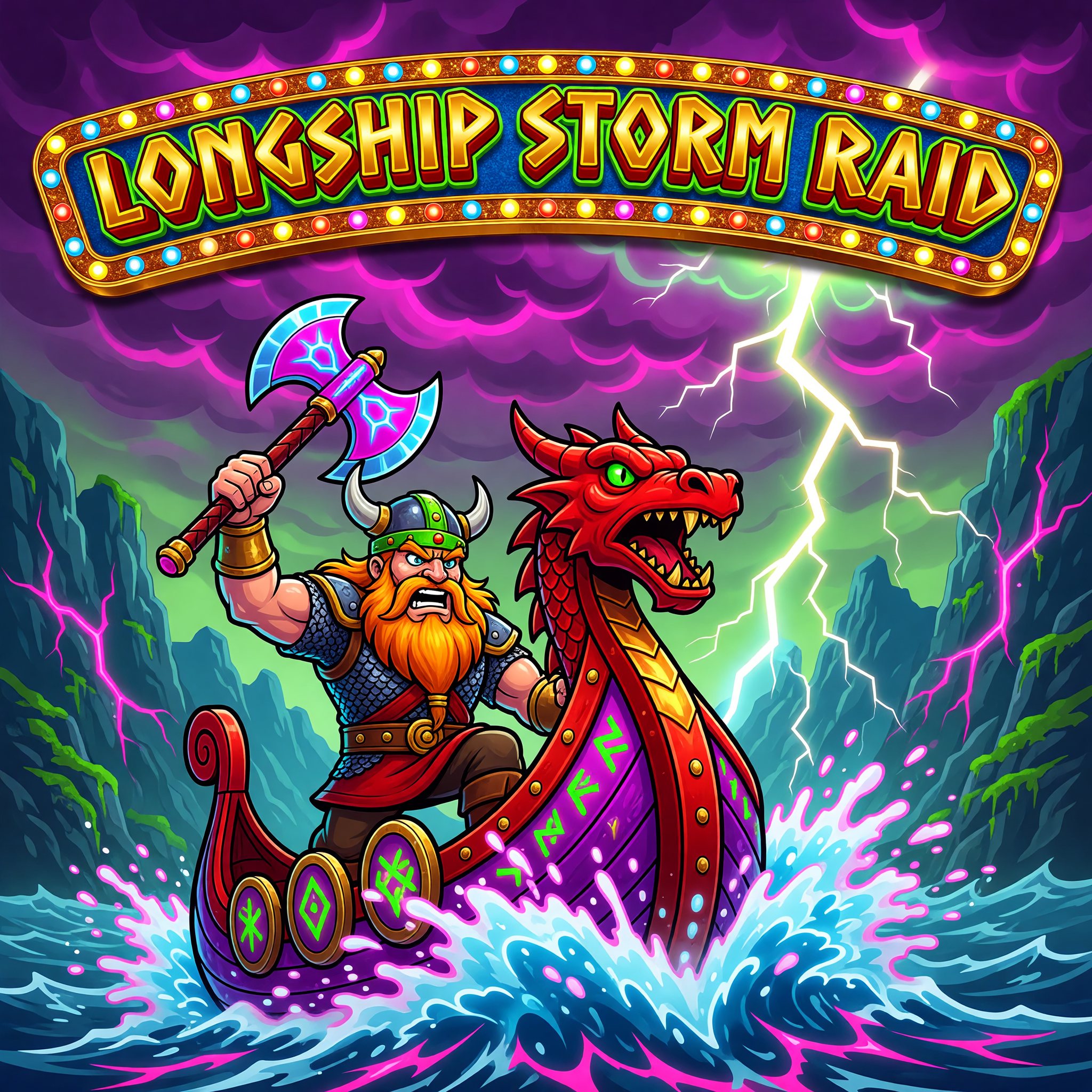 A horned-helm Viking raider braced at the prow of a longship cutting through a stormy fjord, Longship Storm Raid game art.