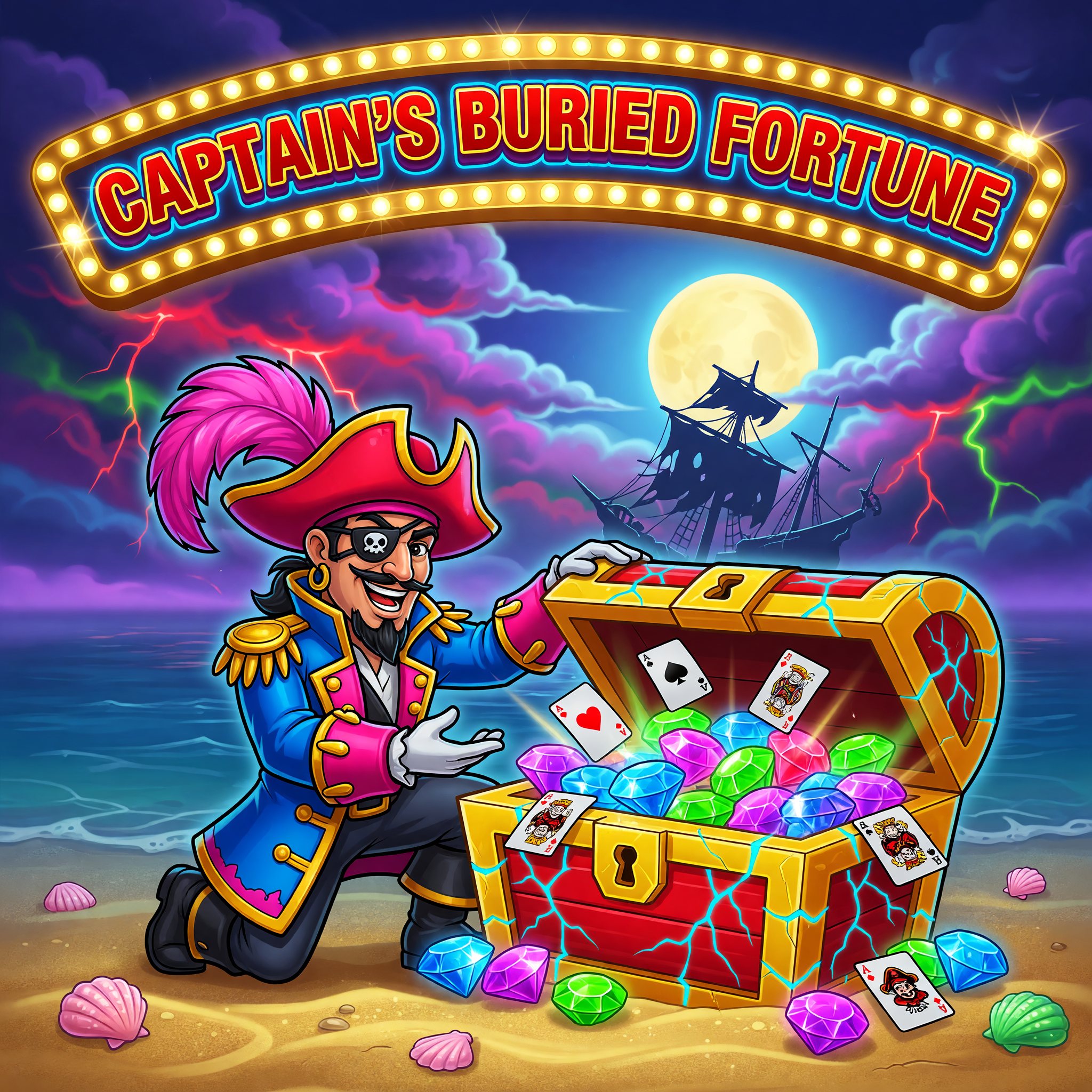 A pirate captain kneeling beside a treasure chest spilling gemstones on a moonlit beach, Captain's Buried Fortune game art.