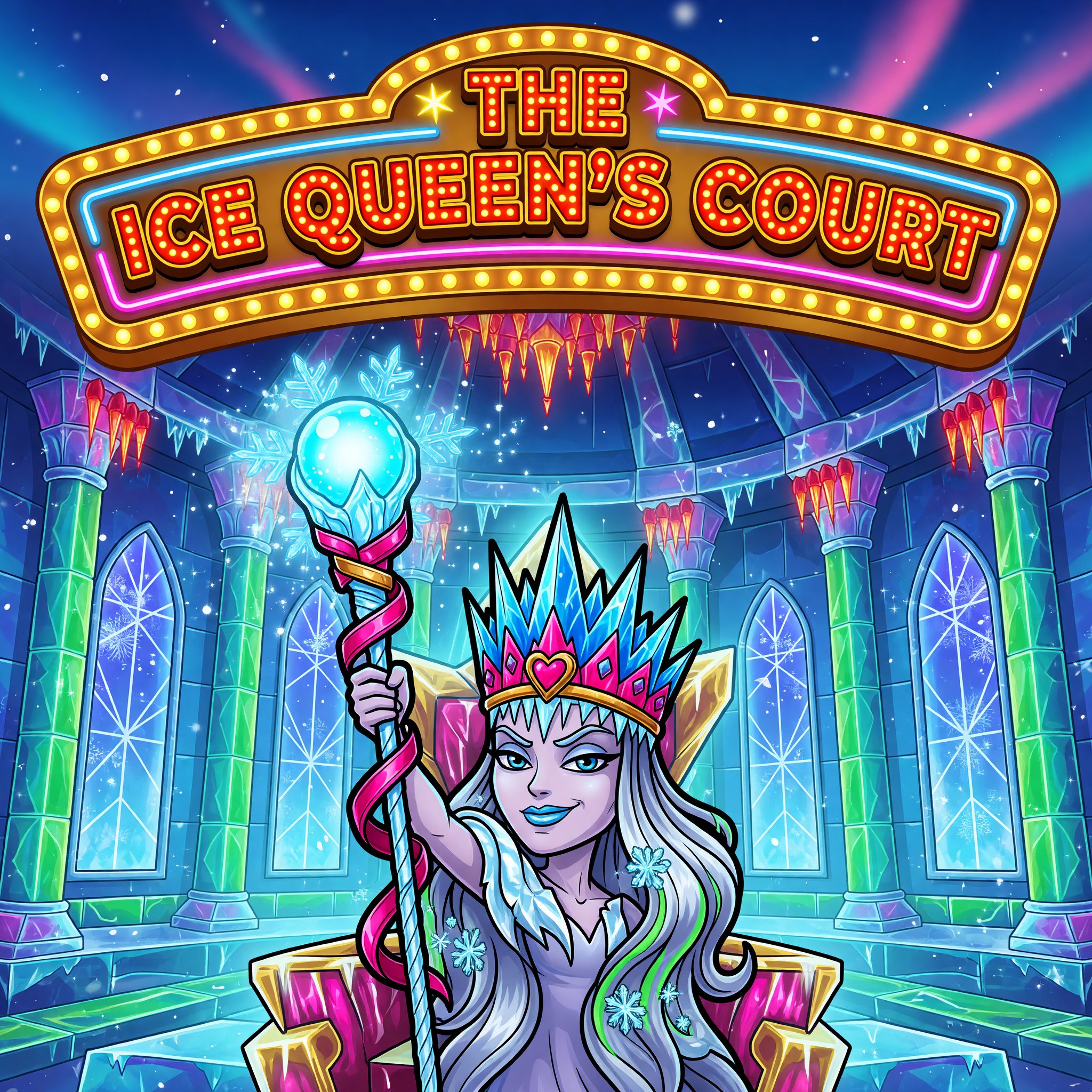 A crowned ice queen raising a glowing frost staff inside a glittering ice-palace throne hall, The Ice Queen's Court game art.