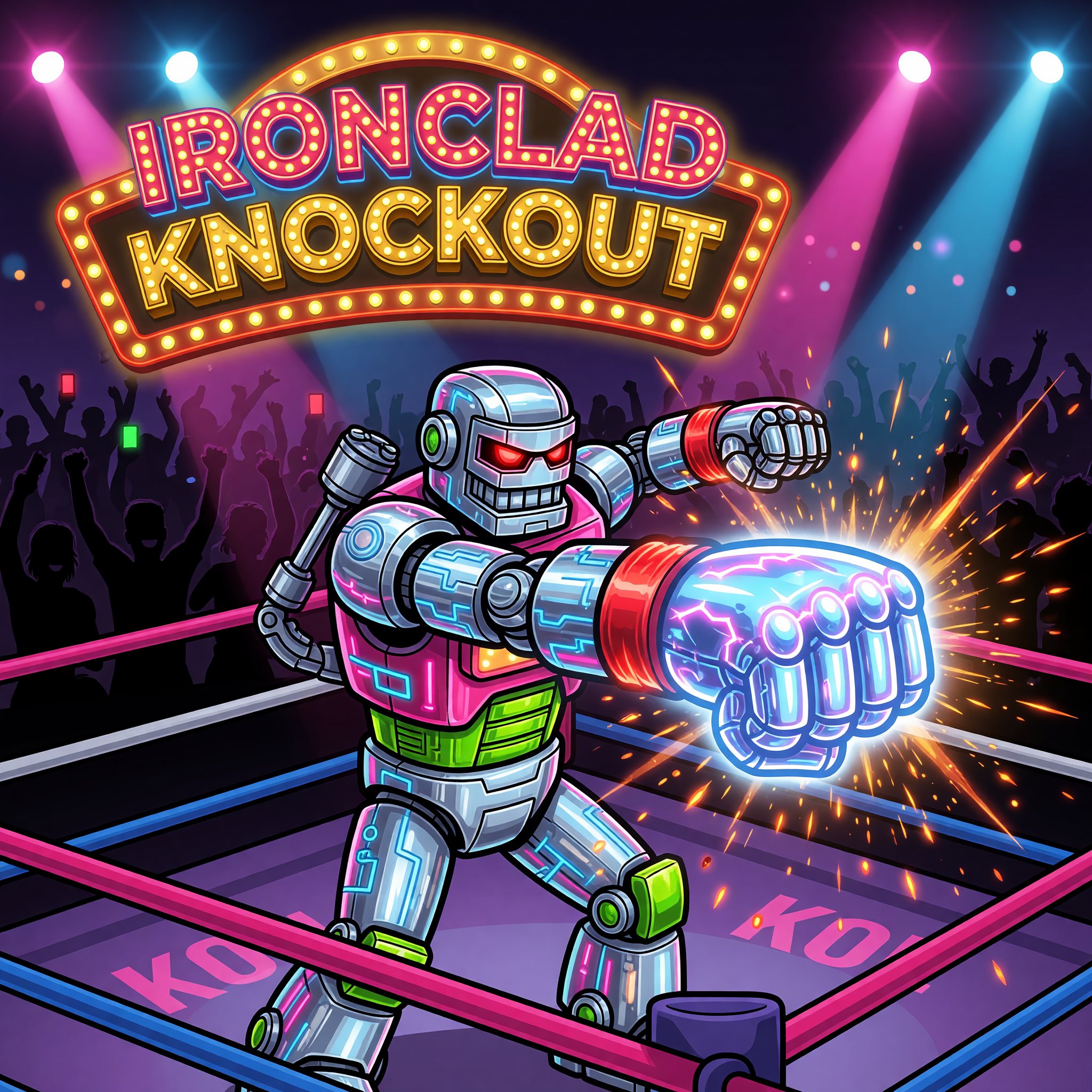 A chrome boxing robot landing a knockout punch under neon arena lights, Ironclad Knockout game art.
