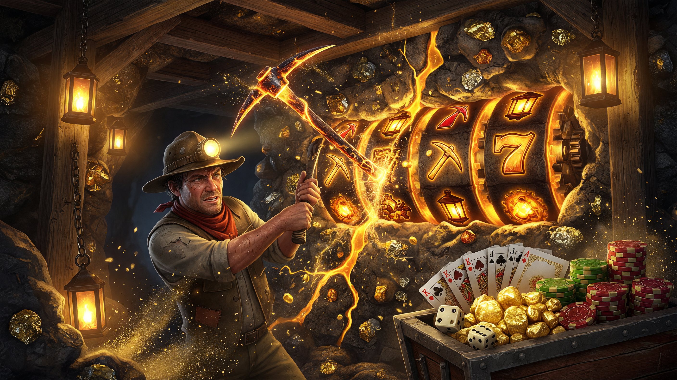 A lantern-jawed prospector strikes a glowing gold vein with a pickaxe inside a lantern-lit mine, minecart spilling nuggets, playing cards and casino chips scattered at his boots.
