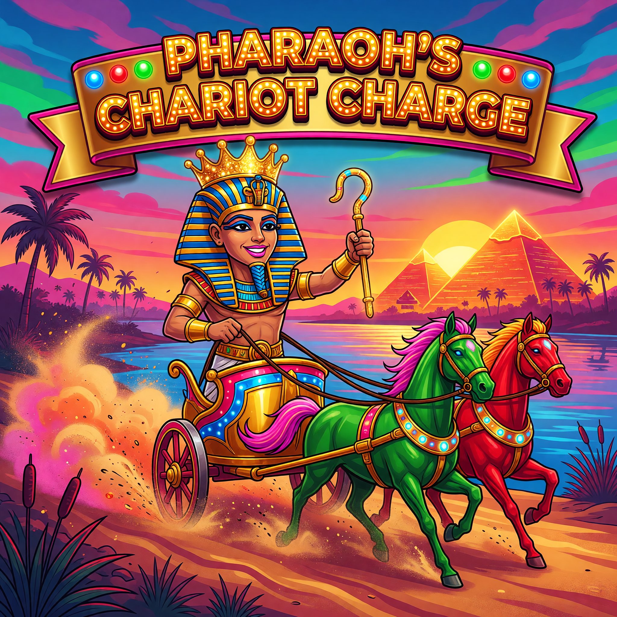 A crowned pharaoh driving a golden war chariot along the Nile riverbank at sunset, Pharaoh's Chariot Charge game art.