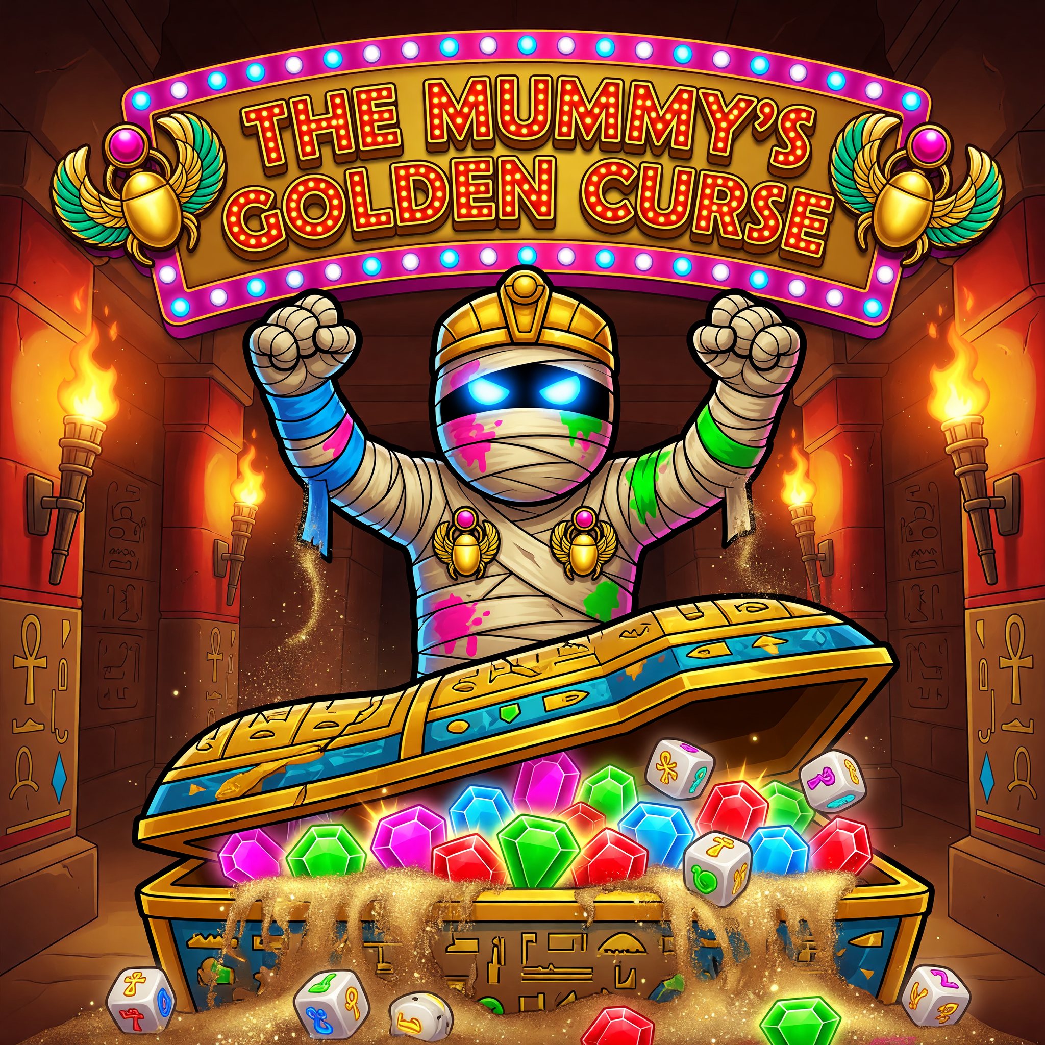 A bandaged mummy king rising amid torch-lit sand and gilded sarcophagi, The Mummy's Golden Curse game art.