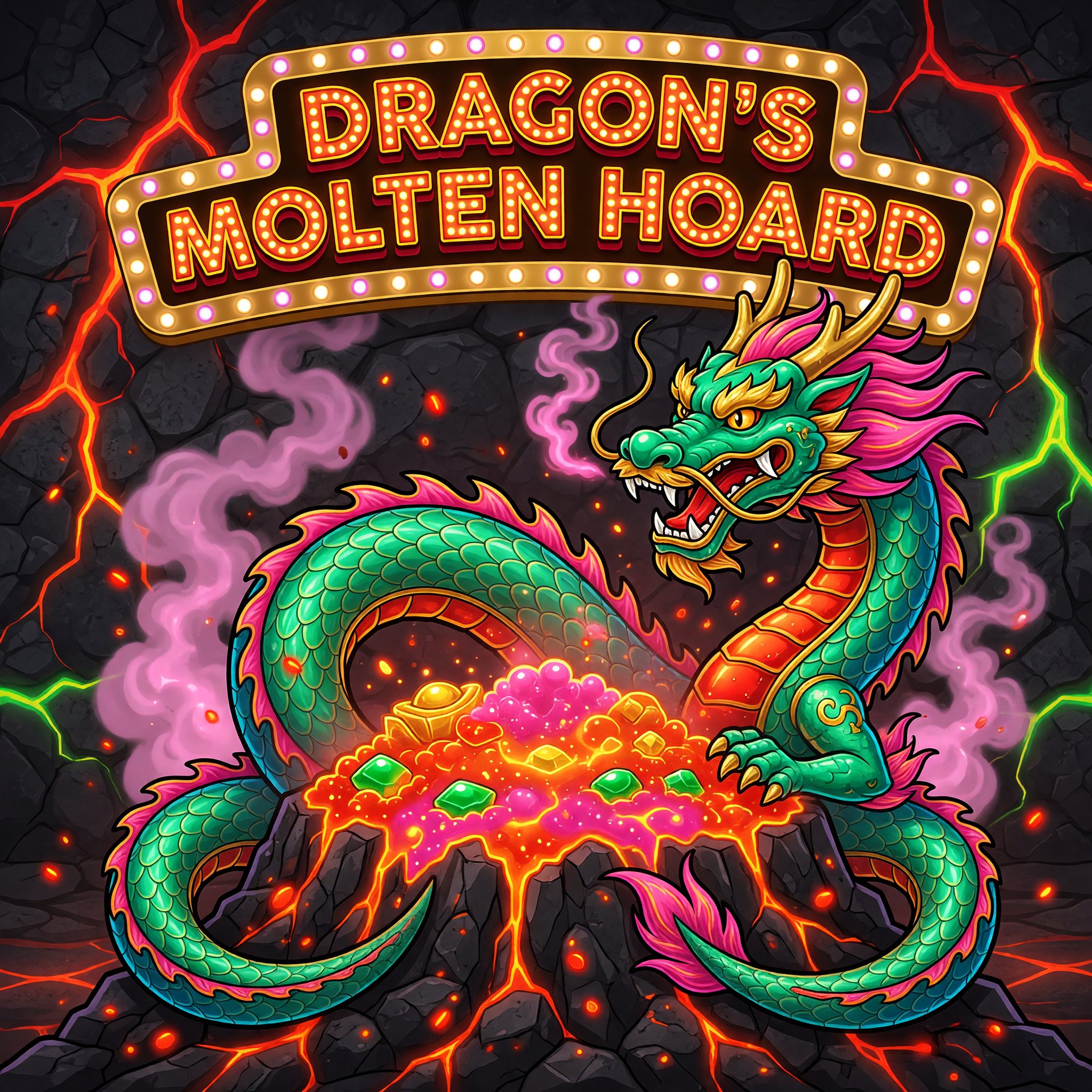 A magnificent jade-and-gold Eastern dragon guardian coiled around a mound of glowing molten treasure in a volcanic stone cavern, Dragon's Molten Hoard game art.